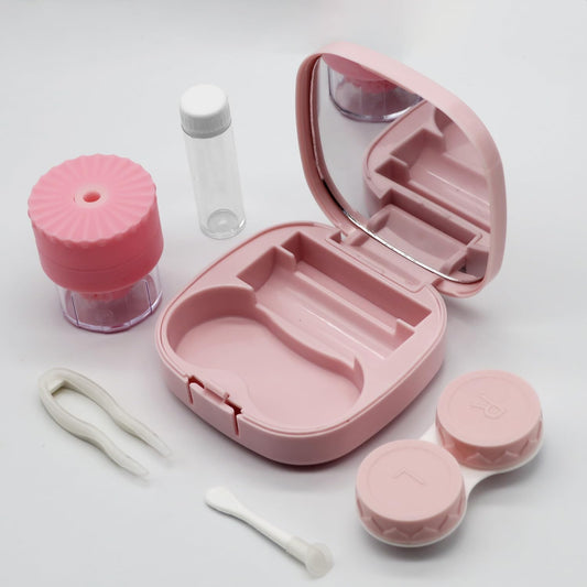 Cute Travel Contact Lens Case Kit – Pink with Applicator, Mirror & Solution Bottle