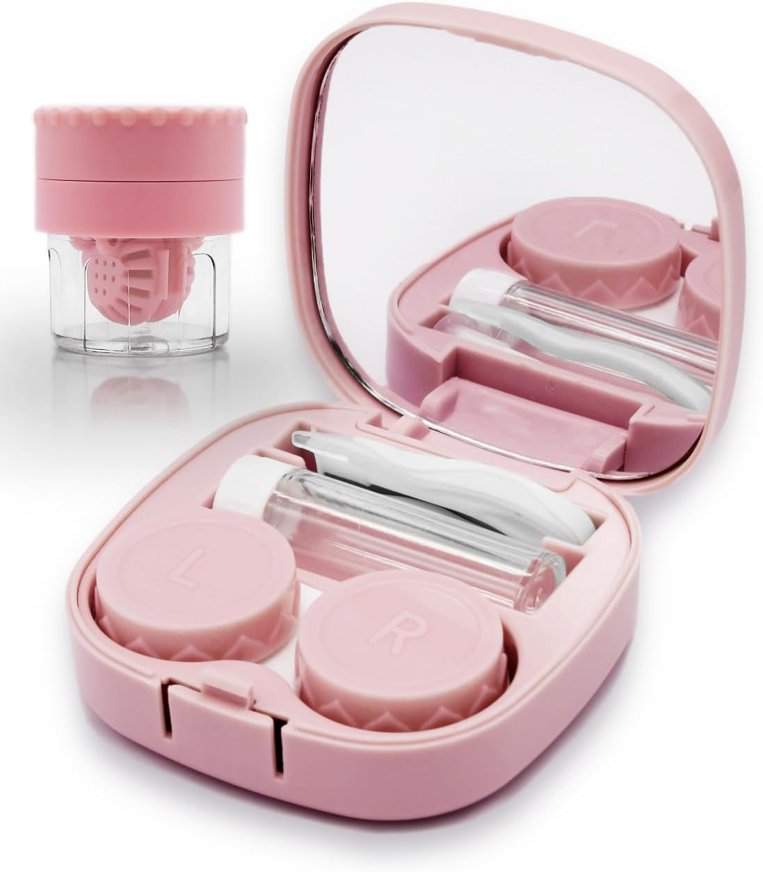 Cute Travel Contact Lens Case Kit – Pink with Applicator, Mirror & Solution Bottle