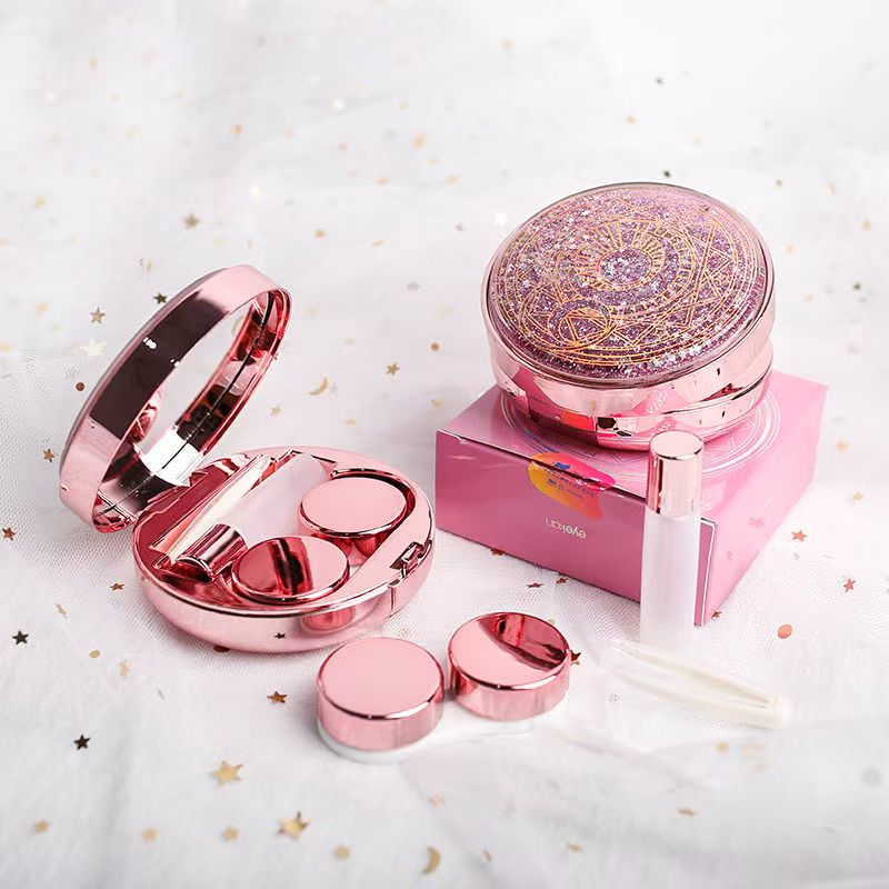 Luxury Glitter Contact Lens Case with Mirror | Portable Travel Lens Box Kit with Tweezer, Applicator, Solution Bottle & Left-Right Marking