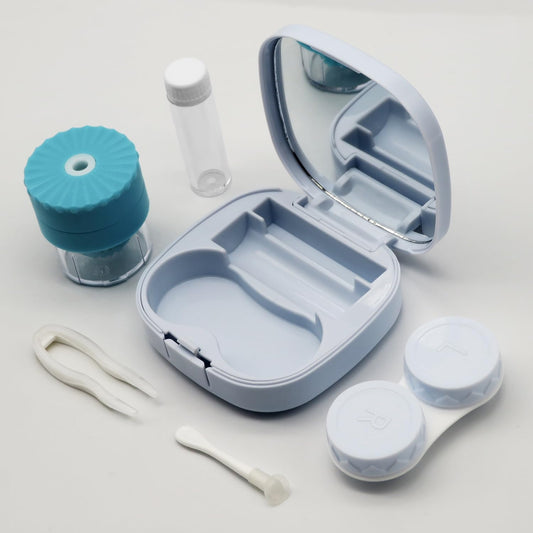 Cute Travel Contact Lens Case Kit – Blue with Applicator, Mirror & Solution Bottle